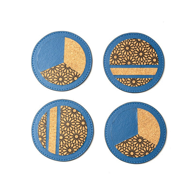 Coasters Set of 4 – Vegan Leather & Printed Cork (Blue) – Coasters on Brown Living™. SKU: CPCGH001. Img 1.