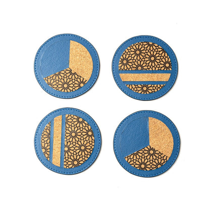 Coasters Set of 4 – Vegan Leather & Printed Cork (Blue) – Coasters on Brown Living™. SKU: CPCGH001. Img 1.