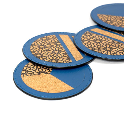 Coasters Set of 4 – Vegan Leather & Printed Cork (Blue) – Coasters on Brown Living™. SKU: CPCGH001. Img 5.
