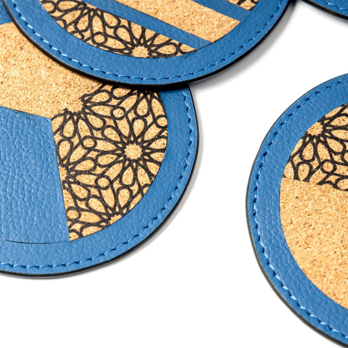 Coasters Set of 4 – Vegan Leather & Printed Cork (Blue) – Coasters on Brown Living™. SKU: CPCGH001. Img 4.