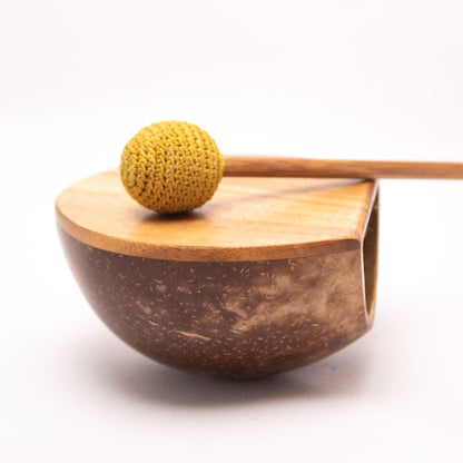 Coco Drum With Stick – Handmade Coconut Shell Musical Toy – Art & Craft Supplies on Brown Living™. SKU: EGM04. Img 1.