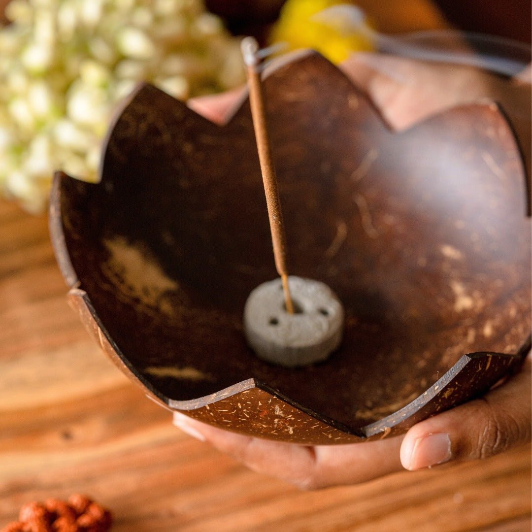 Coconut Shell Agarbatti Stand with Ash Catcher | Incense Stick Holder – Candles & Fragrances by Thenga available on Brown Living™. . SKU: TGAGRBTISTND. Img 4.