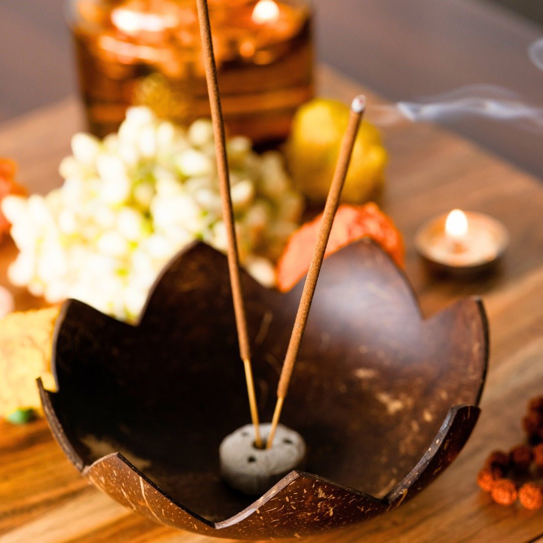 Coconut Shell Agarbatti Stand with Ash Catcher | Incense Stick Holder – Candles & Fragrances by Thenga available on Brown Living™. . SKU: TGAGRBTISTND. Img 2.