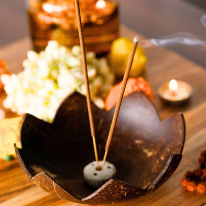 Coconut Shell Agarbatti Stand with Ash Catcher | Incense Stick Holder – Candles & Fragrances by Thenga available on Brown Living™. . SKU: TGAGRBTISTND. Img 2.