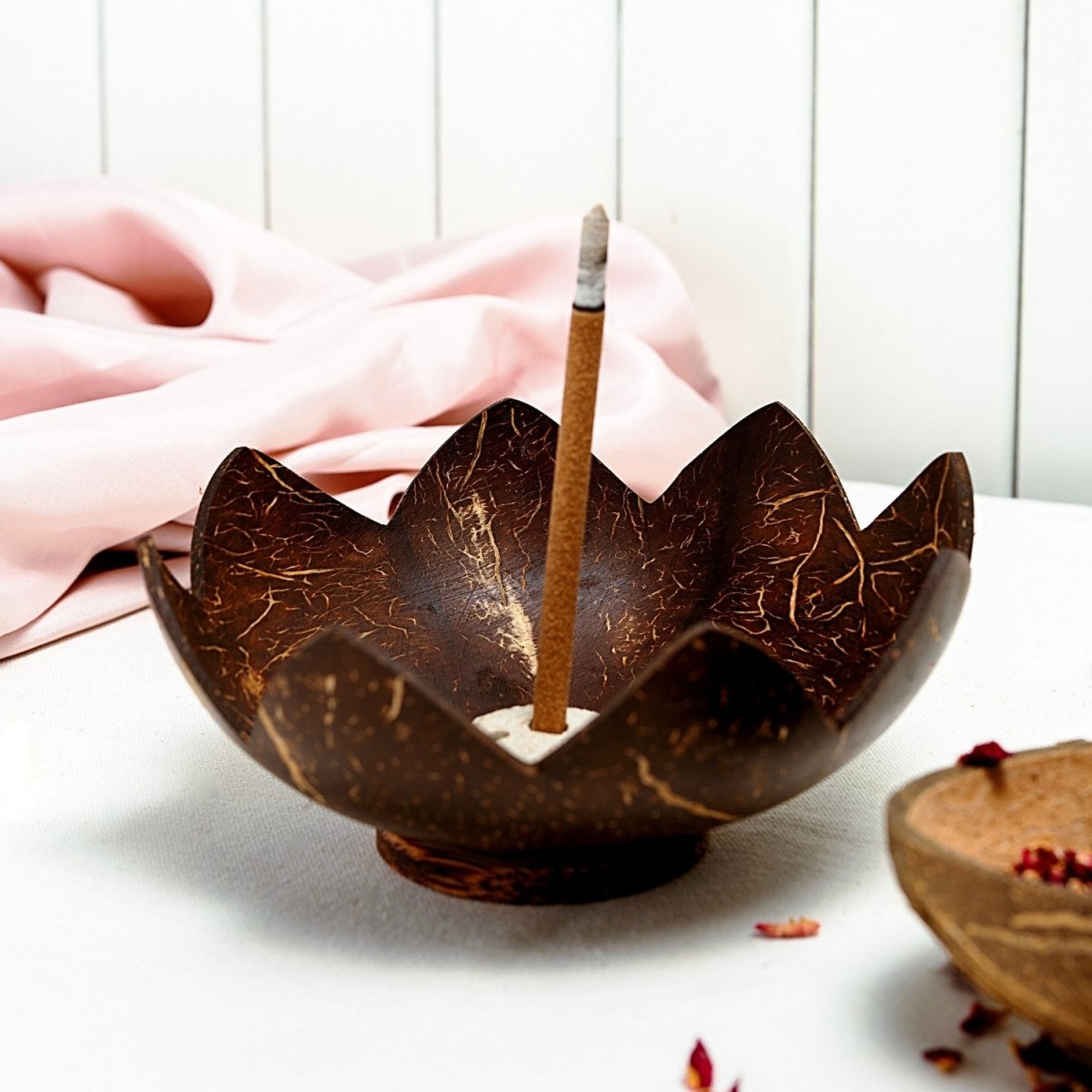 Coconut Shell Agarbatti Stand with Ash Catcher | Incense Stick Holder – Candles & Fragrances by Thenga available on Brown Living™. . SKU: TGAGRBTISTND. Img 1.