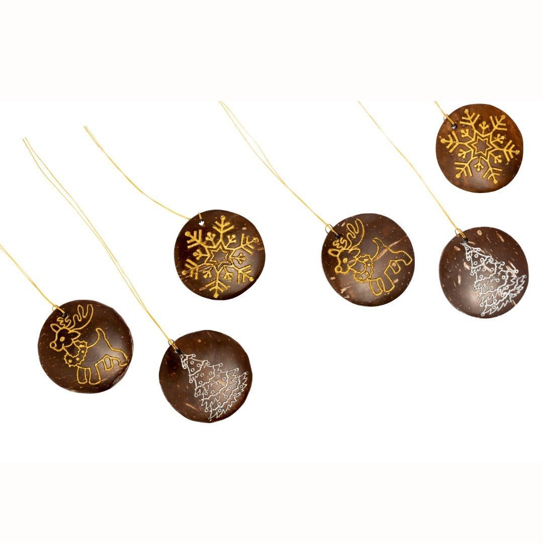 Coconut Shell Christmas Hanging Decorations - Set of 6 – Decor & Artefacts on Brown Living™. SKU: TGAXMASHANGS. Img 1.