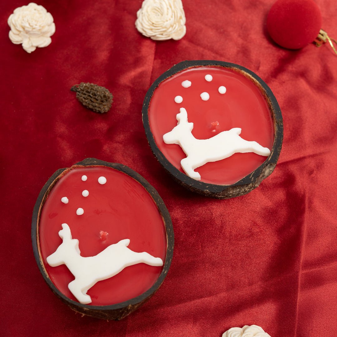 Coconut Shell Christmas Reindeer Candle Set of 2 – Candles & Fragrances on Brown Living™. SKU: TGARNDERCDLE. Img 2.