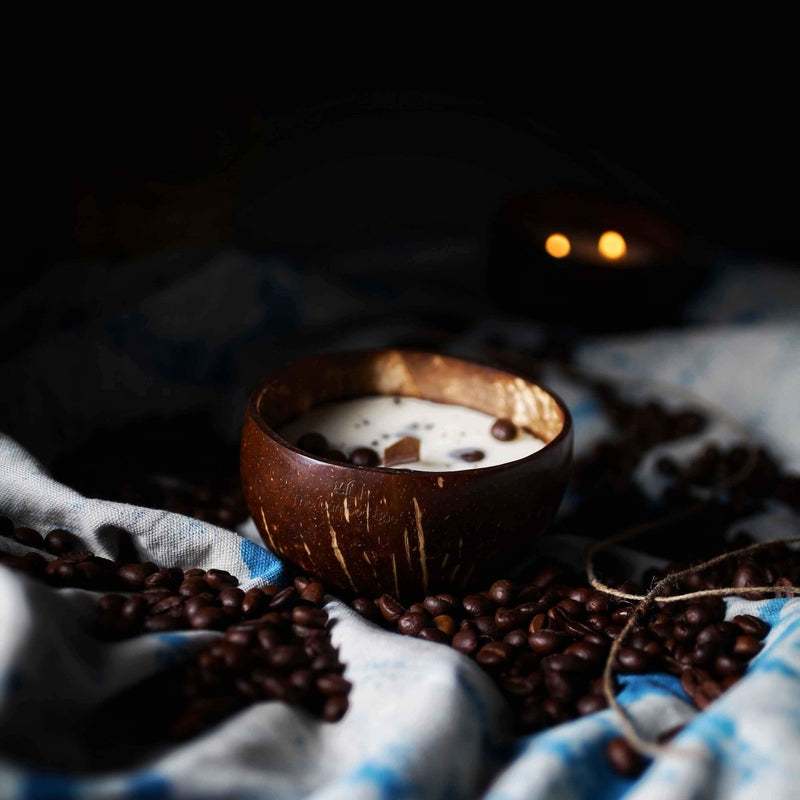 Coconut Shell Coffee Candle | Cafe Mocha & Coffee Beans | Wooden Wick Soy Candle