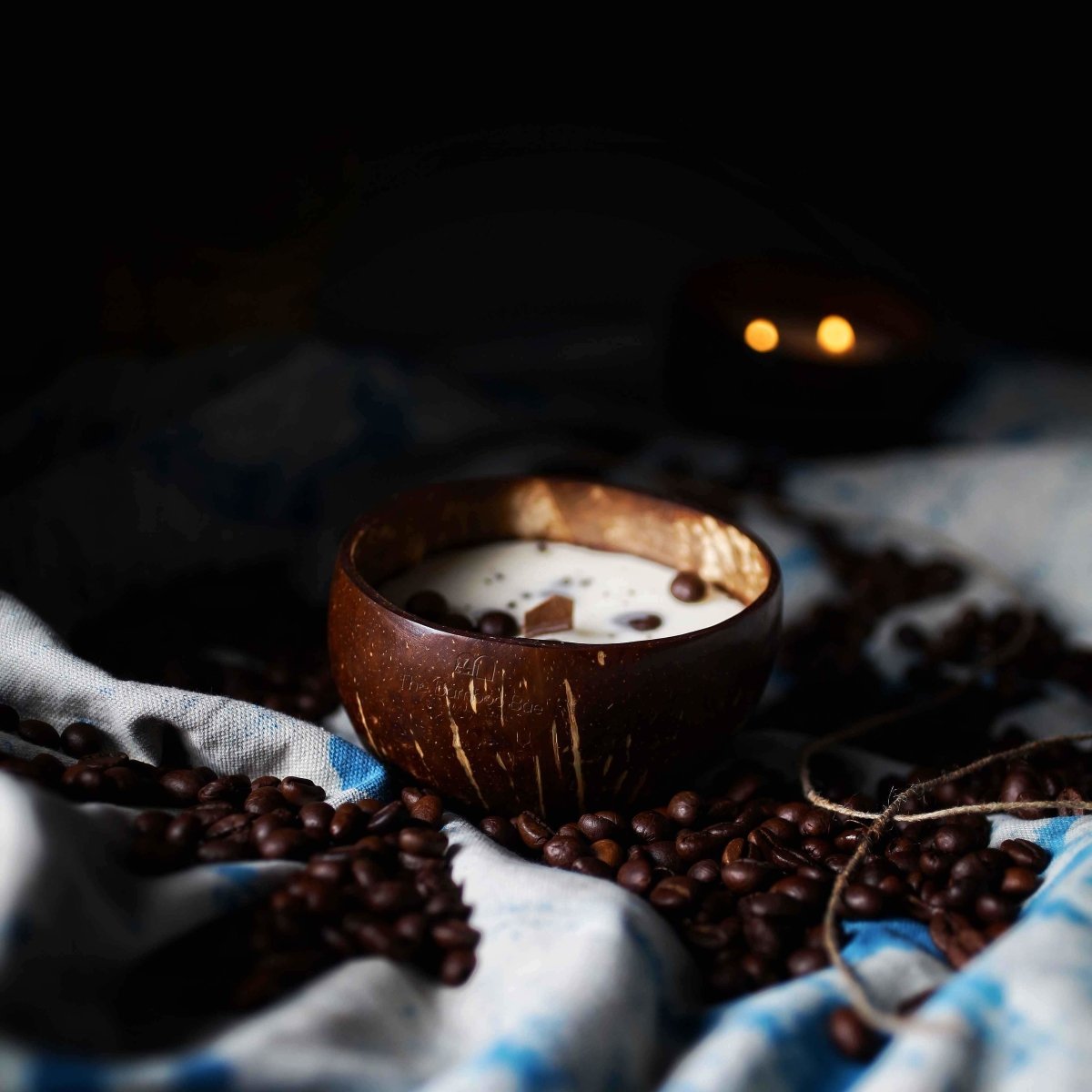 Coconut Shell Coffee Candle | Cafe Mocha & Coffee Beans | Wooden Wick Soy Candle – Candles & Fragrances on Brown Living™. SKU: TBB-34. Img 2.