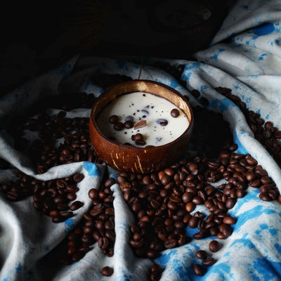 Coconut Shell Coffee Candle | Cafe Mocha & Coffee Beans | Wooden Wick Soy Candle – Candles & Fragrances on Brown Living™. SKU: TBB-34. Img 1.