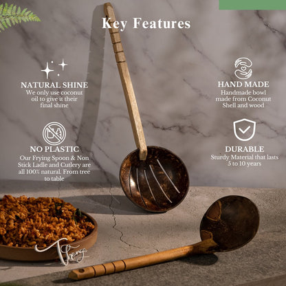 Coconut Shell Frying Spoon & Non Stick Wooden Ladles (Set of 2) | Verified Sustainable by Brown Living™