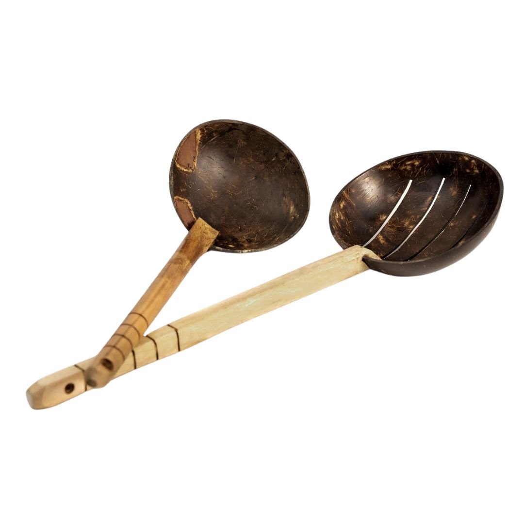 Coconut Shell Frying Spoon & Non Stick Wooden Ladles (Set of 2) | Verified Sustainable by Brown Living™