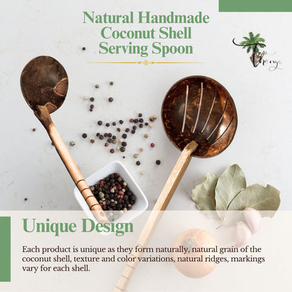 Coconut Shell Frying Spoon & Non Stick Wooden Ladles (Set of 2) | Verified Sustainable by Brown Living™