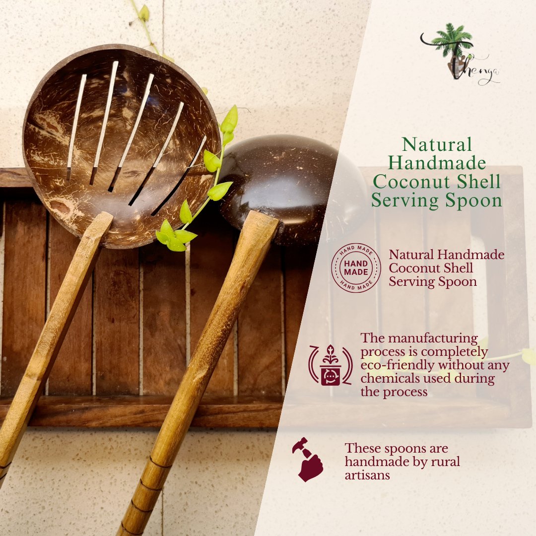 Coconut Shell Frying Spoon & Non Stick Wooden Ladles (Set of 2) | Verified Sustainable by Brown Living™