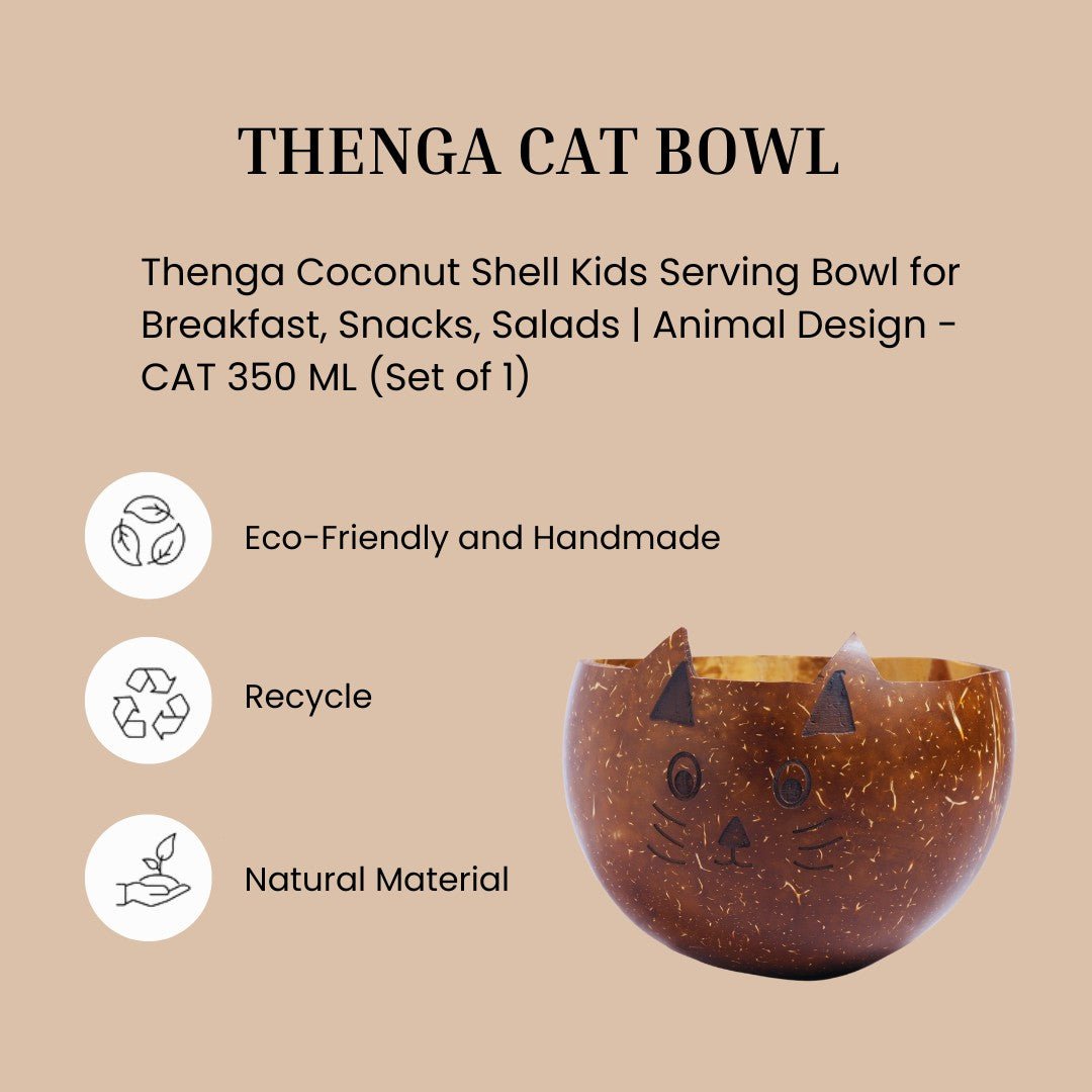 Coconut Shell Kids Serving Bowl | Animal Design - CAT 350ml (Set of 1) | Verified Sustainable by Brown Living™