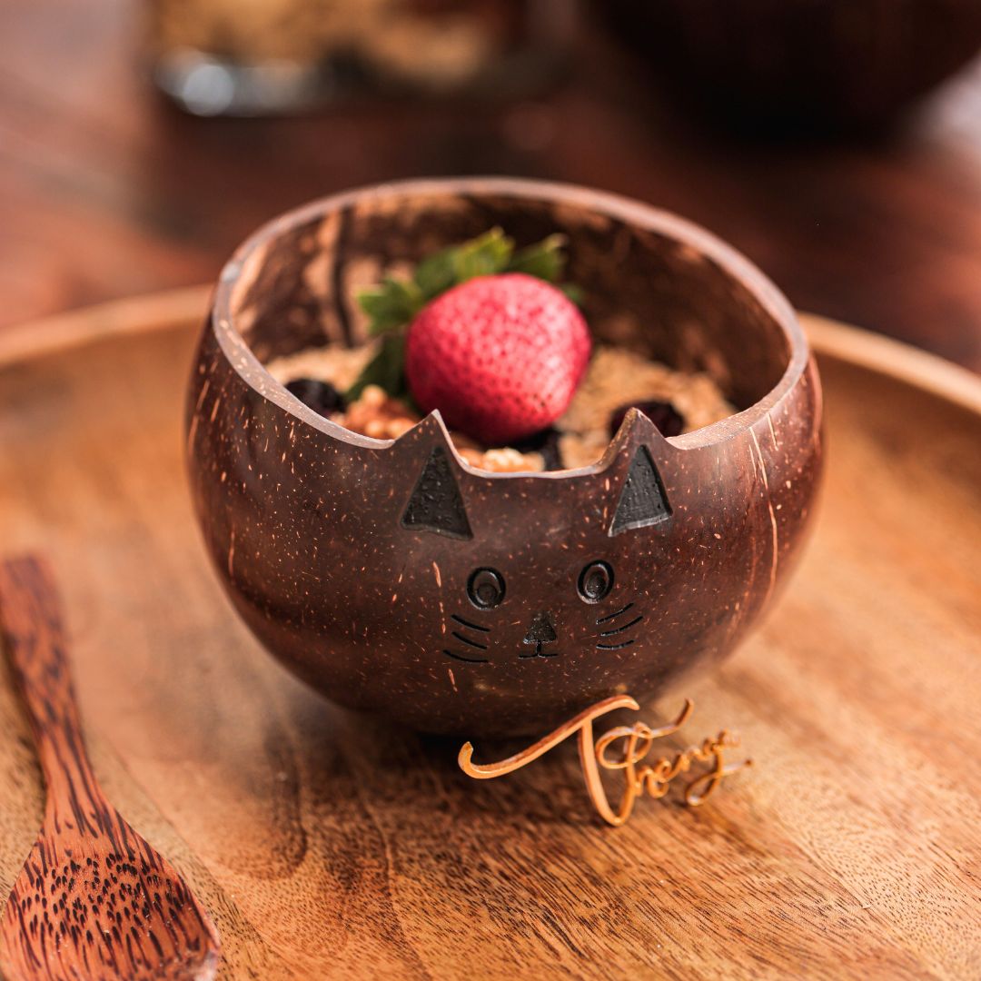 Coconut Shell Kids Serving Bowl | Animal Design - CAT 350ml (Set of 1) | Verified Sustainable by Brown Living™