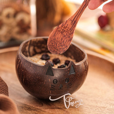 Coconut Shell Kids Serving Bowl | Animal Design - CAT 350ml (Set of 1) – Plates & Bowls on Brown Living™. SKU: CATBOWL. Img 3.