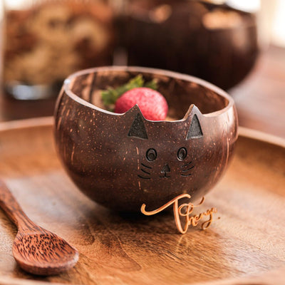 Coconut Shell Kids Serving Bowl | Animal Design - CAT 350ml (Set of 1) – Plates & Bowls on Brown Living™. SKU: CATBOWL. Img 1.
