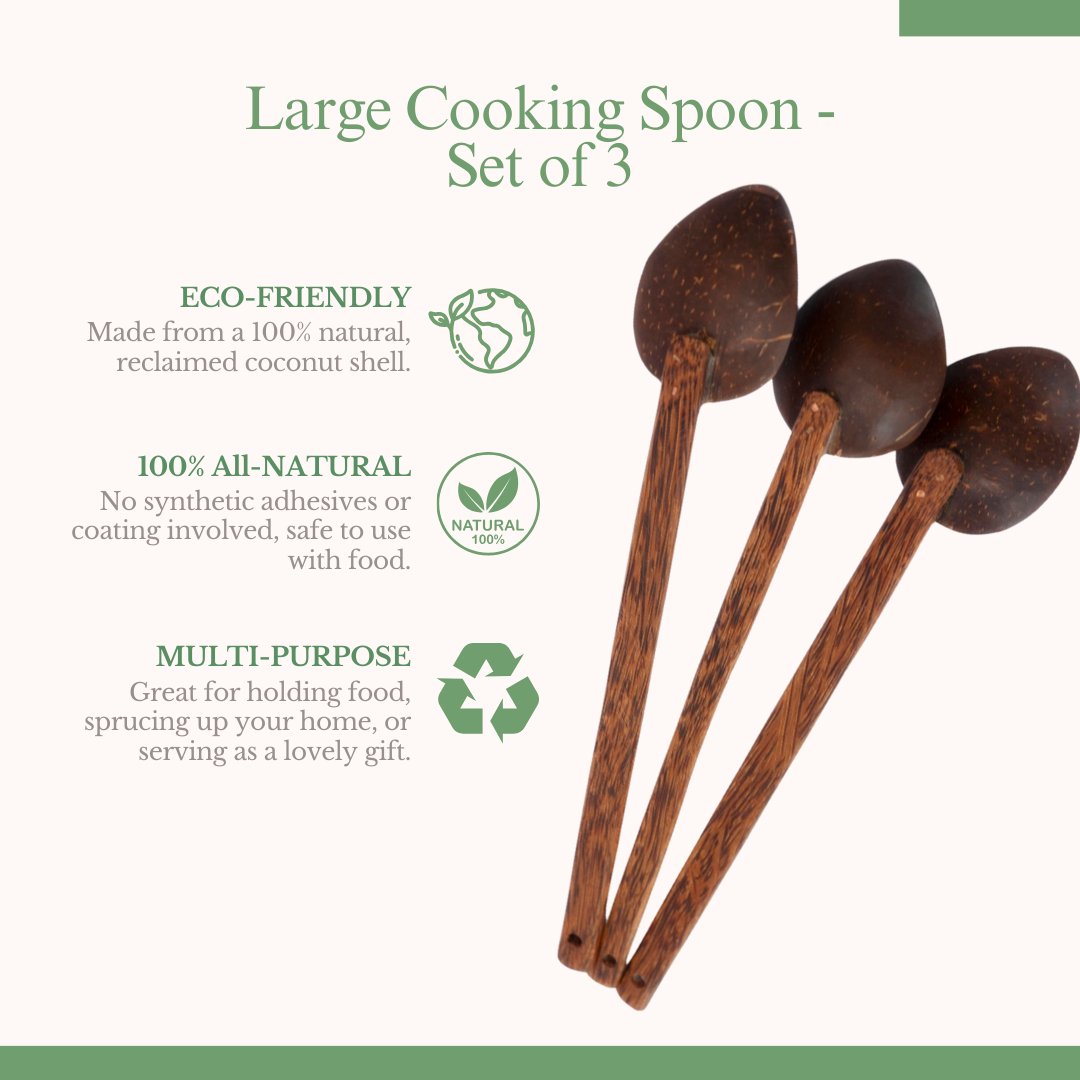 Coconut Shell Large Cooking Spoon Sets for Serving (Set of 3) | Verified Sustainable by Brown Living™