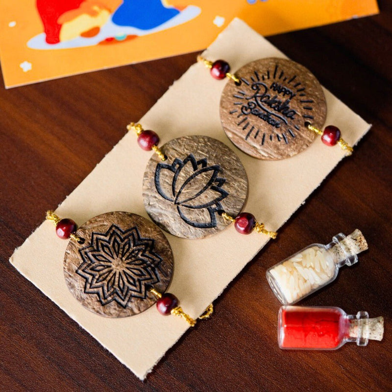 Coconut Shell Rakhi Sets - Rough (Package includes 3 Rakhis, Kumkum, Rice Grains & Raksha Bandhan Card) - Set of 3 | Verified Sustainable by Brown Living™