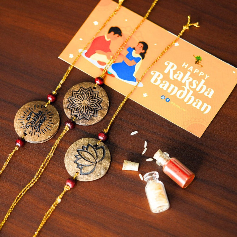 Coconut Shell Rakhi Sets - Rough (Package includes 3 Rakhis, Kumkum, Rice Grains & Raksha Bandhan Card) - Set of 3 | Verified Sustainable by Brown Living™