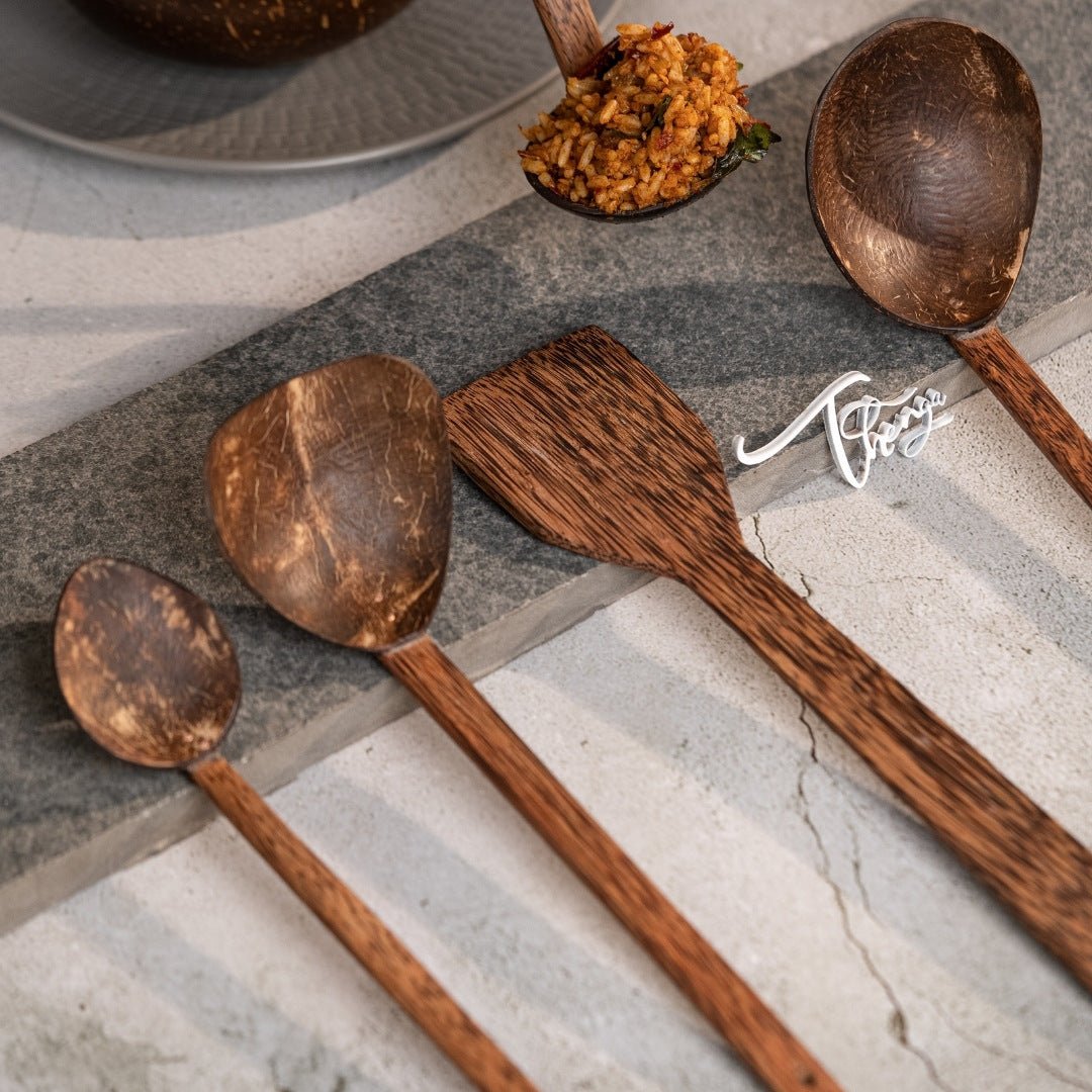 Coconut Shell & Wood Cooking Set, Spatula, Large Spoon & 3 Size Ladles – Cookware on Brown Living™. SKU: 173 - 07961 - thenga - traditional - coconut - shell - wood - cooking. Img 4.