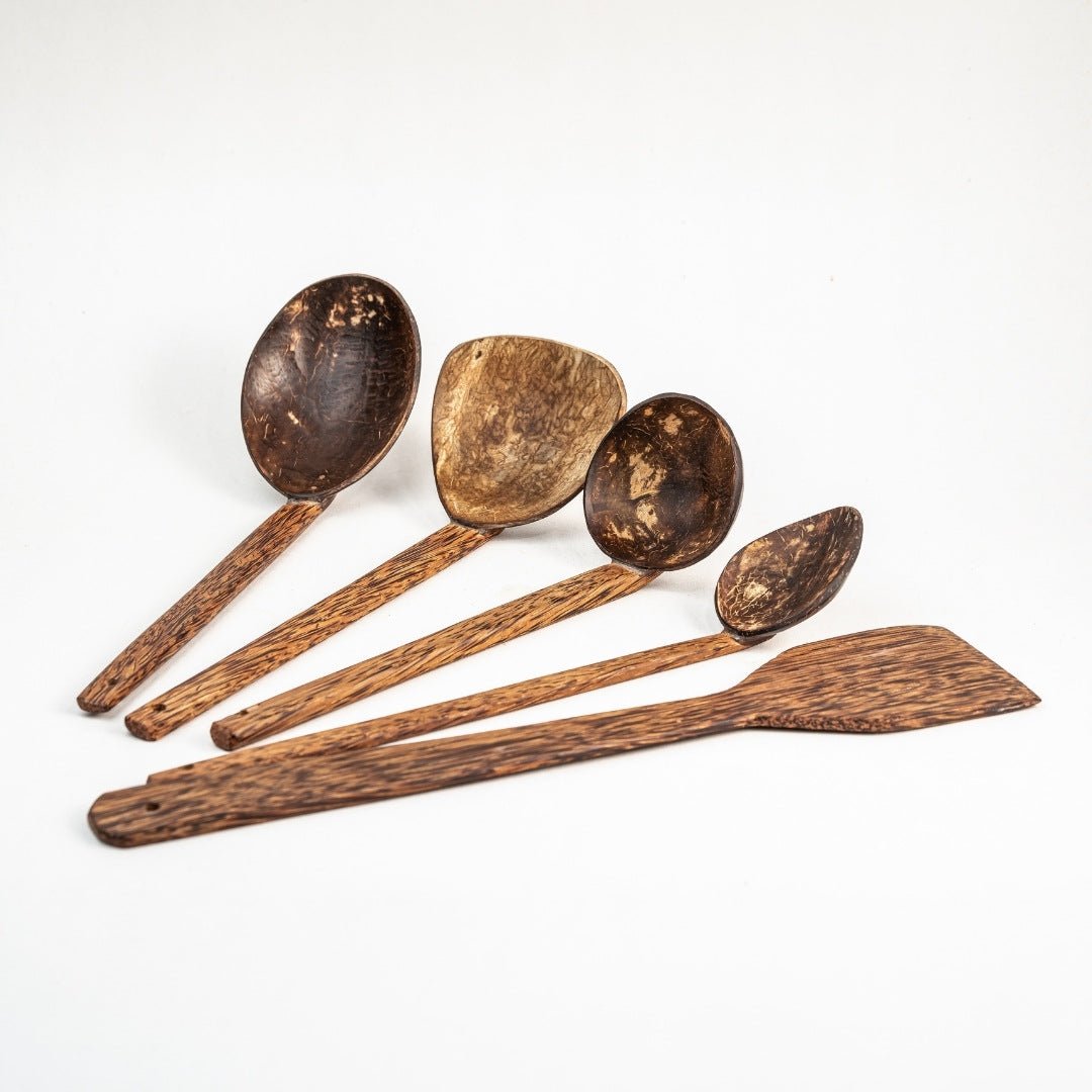 Coconut Shell & Wood Cooking Set, Spatula, Large Spoon & 3 Size Ladles – Cookware on Brown Living™. SKU: 173 - 07961 - thenga - traditional - coconut - shell - wood - cooking. Img 3.