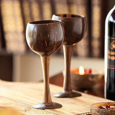 Coconut Shell & Wooden Wine Glasses | Red Wine Glasses (Set of 2) – Glasses & Tumblers on Brown Living™. SKU: THENGA43. Img 1.