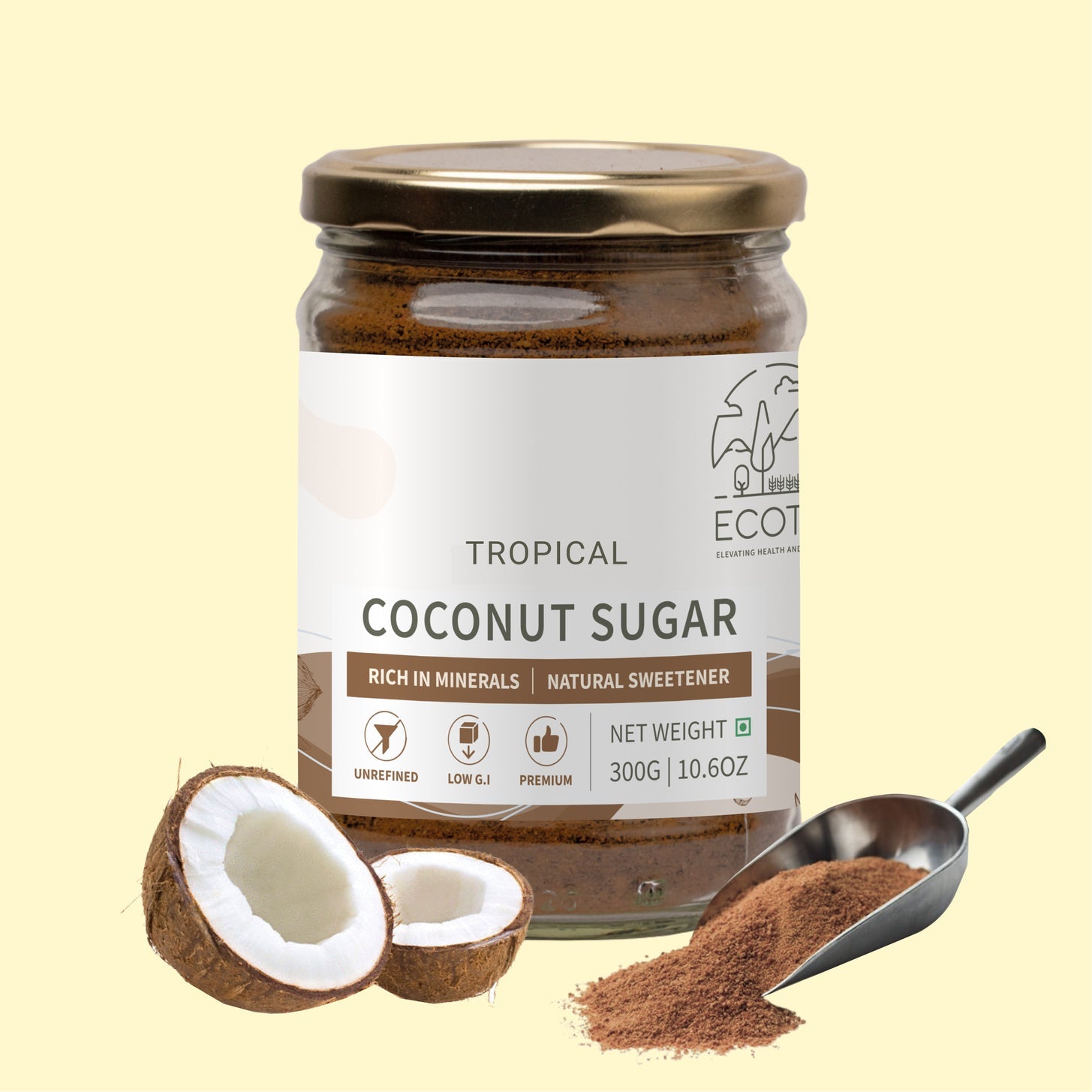 Coconut Sugar- 300g | Blossom Sugar | Natural Sweetener – Cooking & Baking Supplies on Brown Living™. SKU: ECOTYL00008. Img 1.