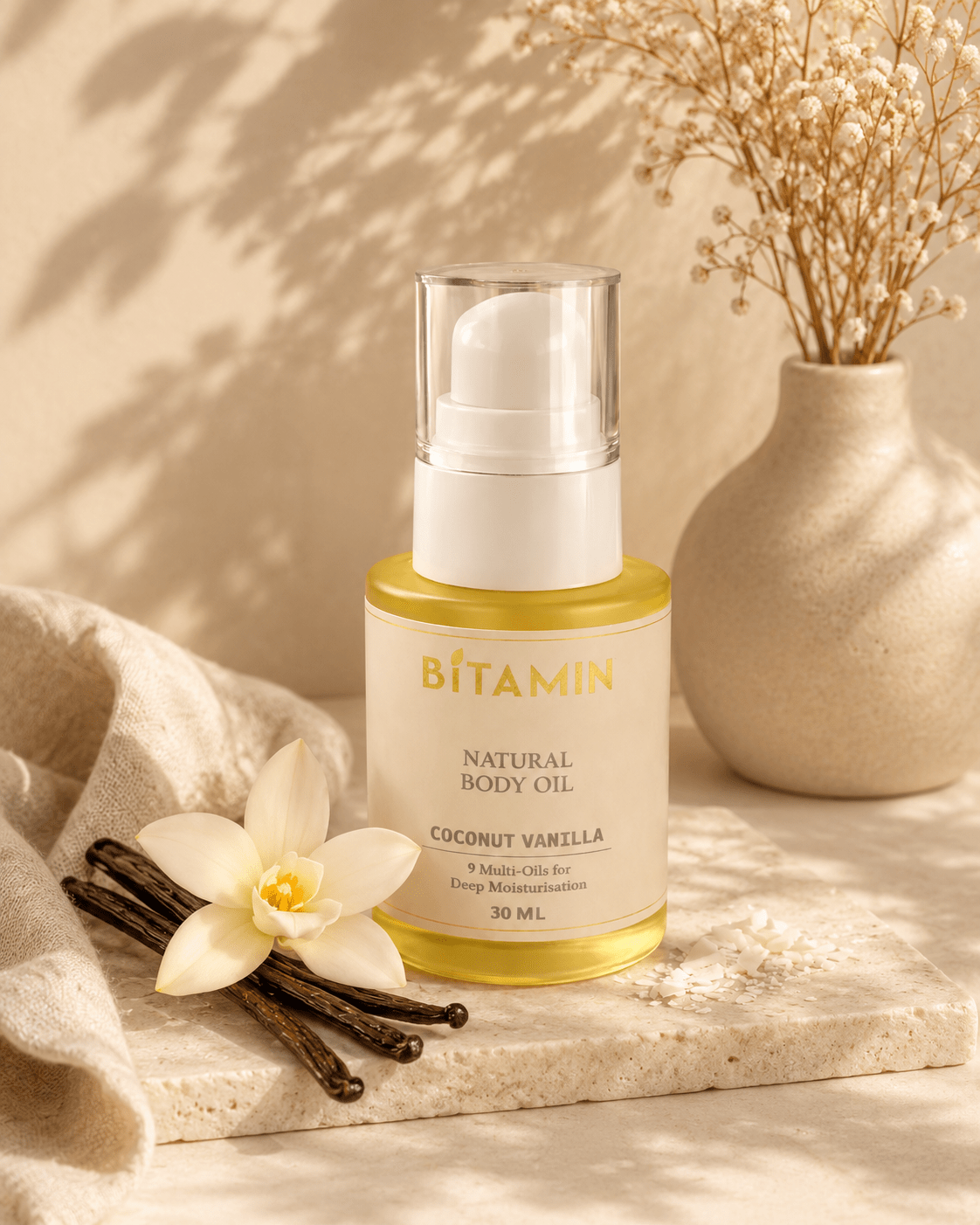 Coconut Vanilla Body Oil | Natural Stretch Mark Care for Pregnancy – Body Oil on Brown Living™. SKU: BBO-30ML. Img 1.
