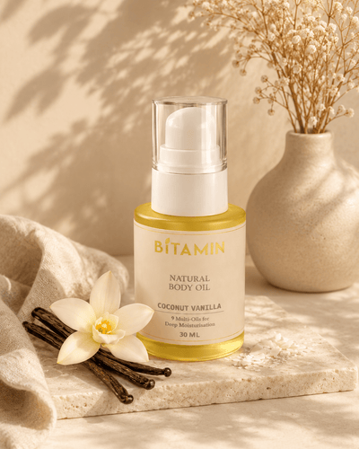 Coconut Vanilla Body Oil | Natural Stretch Mark Care for Pregnancy – Body Oil on Brown Living™. SKU: BBO-30ML. Img 1.