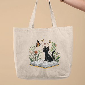 Cat with Books White Canvas Tote – Reusable Cotton Bag