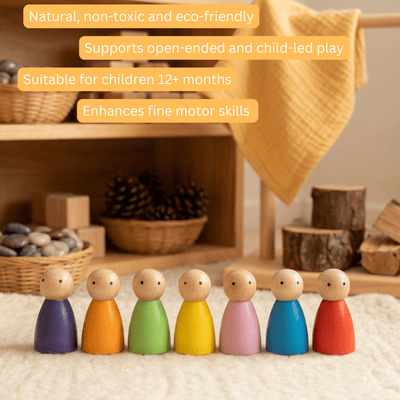 Colorful Wooden Peg Dolls The Villagers | Set of 7 Handmade Toy Figure – Learning And Educational Toys on Brown Living™. SKU: SWPD01. Img 3.