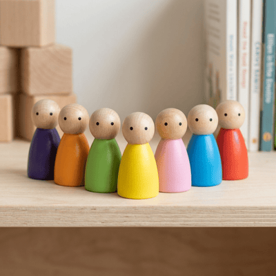 Colorful Wooden Peg Dolls The Villagers | Set of 7 Handmade Toy Figure – Learning And Educational Toys on Brown Living™. SKU: SWPD01. Img 1.