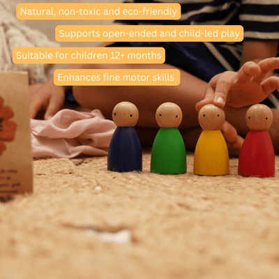 Colorful Wooden Peg Dolls The Villagers | Set of 7 Handmade Toy Figure – Learning And Educational Toys on Brown Living™. SKU: SWPD01. Img 2.