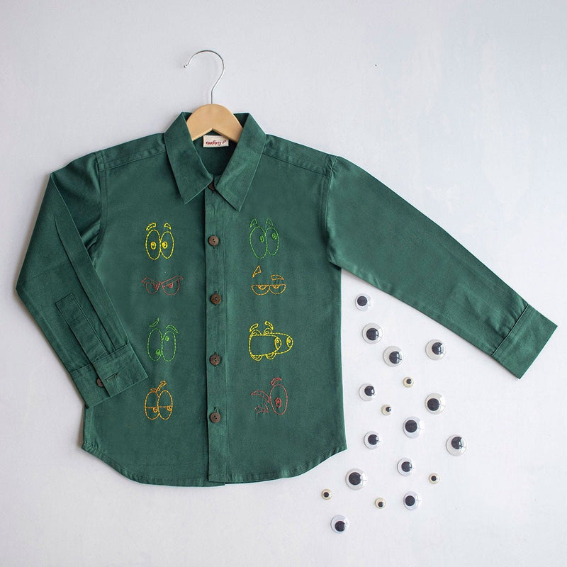 Colourful Emoji Eyes Embroidered Cotton Unisex Shirt - Bottle Green | Verified Sustainable by Brown Living™