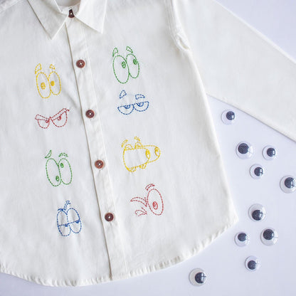 Colourful Emoji Eyes Embroidered Cotton Unisex Shirt - White | Verified Sustainable by Brown Living™