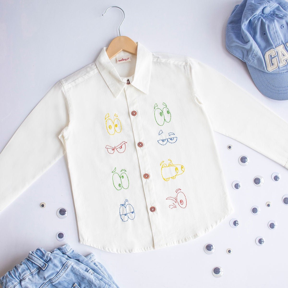 Colourful Emoji Eyes Embroidered Cotton Unisex Shirt - White | Verified Sustainable by Brown Living™