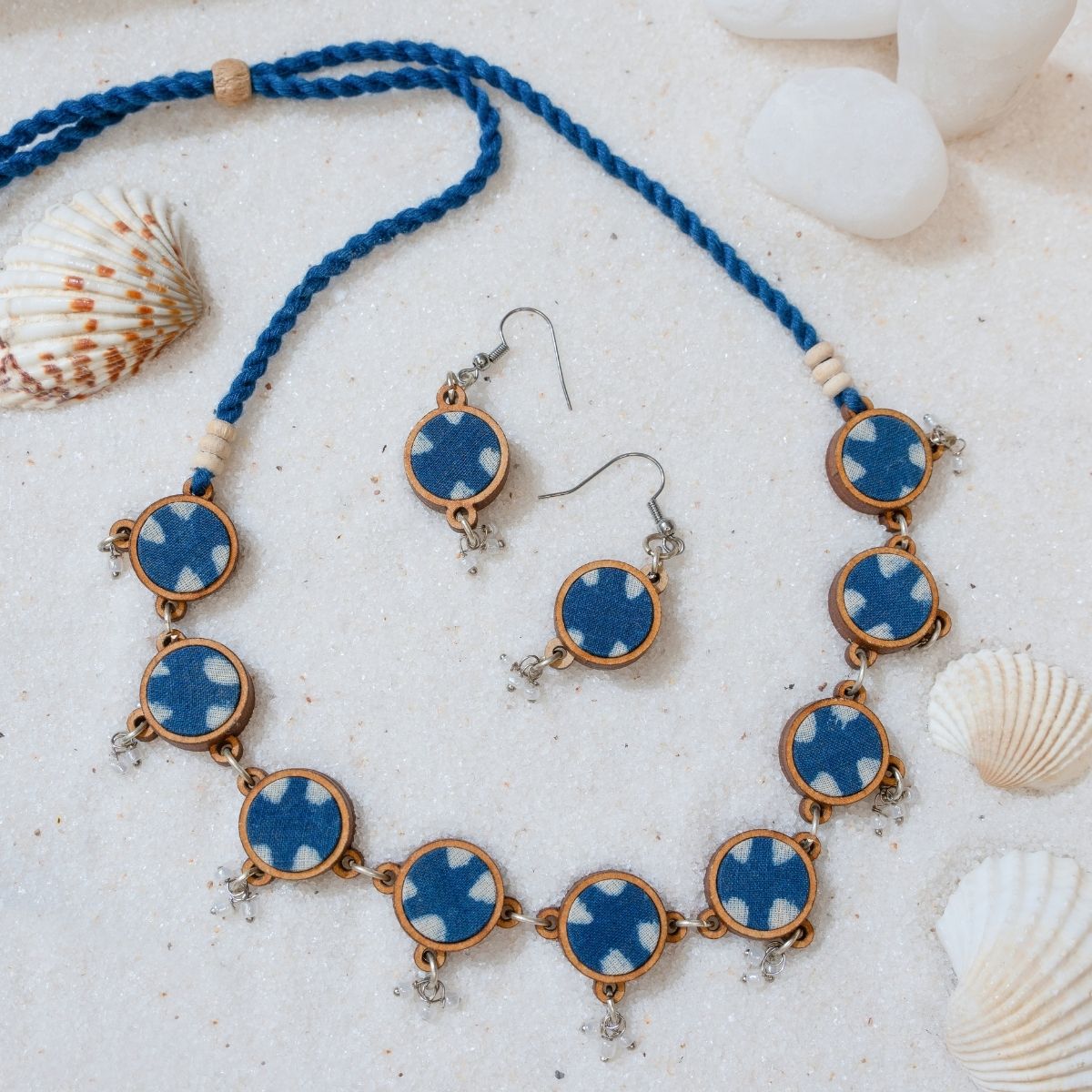 Combo of Indigo Blue Repurposed Fabric & Wood Choker Earrings – Womens Earrings on Brown Living™. SKU: JCC036. Img 3.