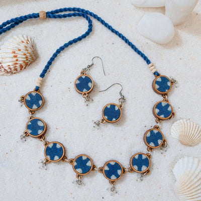 Combo of Indigo Blue Repurposed Fabric & Wood Choker Earrings – Womens Earrings on Brown Living™. SKU: JCC036. Img 3.