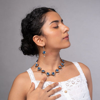 Combo of Indigo Blue Repurposed Fabric & Wood Choker Earrings – Womens Earrings on Brown Living™. SKU: JCC036. Img 1.