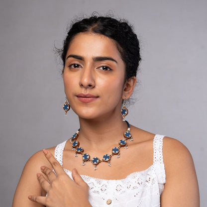 Combo of Indigo Blue Repurposed Fabric & Wood Choker Earrings – Womens Earrings on Brown Living™. SKU: JCC036. Img 2.