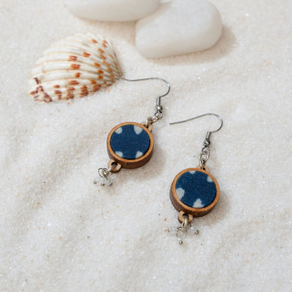 Combo of Indigo Blue Repurposed Fabric & Wood Choker Earrings – Womens Earrings on Brown Living™. SKU: JCC036. Img 4.