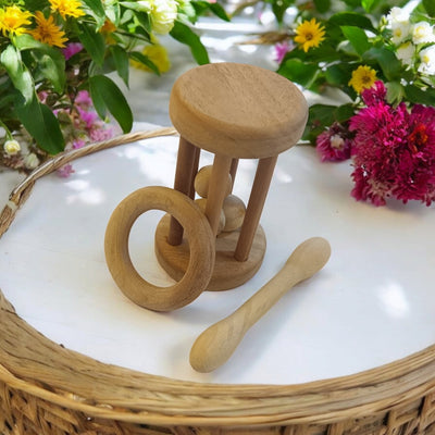 Combo Of Neem Wooden Tumbler Rattle & Shaped Teethers For Babies – Wooden Toys on Brown Living™. SKU: RT_TMBLR-DBL-RNG. Img 1.