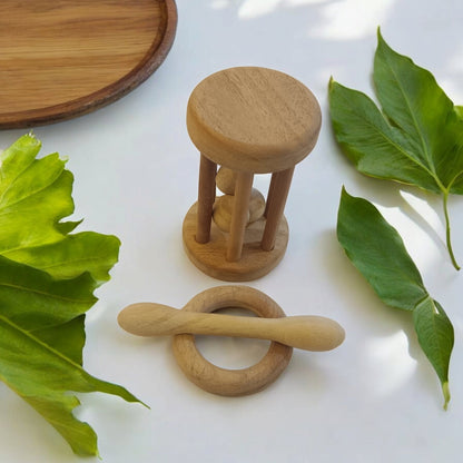 Combo Of Neem Wooden Tumbler Rattle & Shaped Teethers For Babies – Wooden Toys on Brown Living™. SKU: RT_TMBLR-DBL-RNG. Img 3.