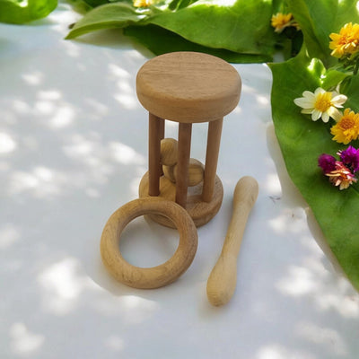 Combo Of Neem Wooden Tumbler Rattle & Shaped Teethers For Babies – Wooden Toys on Brown Living™. SKU: RT_TMBLR-DBL-RNG. Img 4.