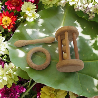 Combo Of Neem Wooden Tumbler Rattle & Shaped Teethers For Babies – Wooden Toys on Brown Living™. SKU: RT_TMBLR-DBL-RNG. Img 2.