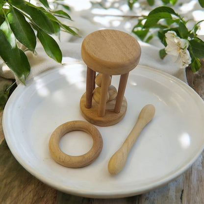 Combo Of Neem Wooden Tumbler Rattle & Shaped Teethers For Babies – Wooden Toys on Brown Living™. SKU: RT_TMBLR-DBL-RNG. Img 5.