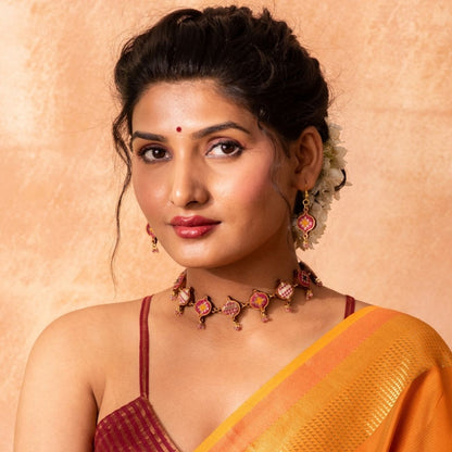 Combo of Pink Festive Repurposed Fabric & Wood Choker Earrings – Womens Earrings on Brown Living™. SKU: JCC029. Img 1.