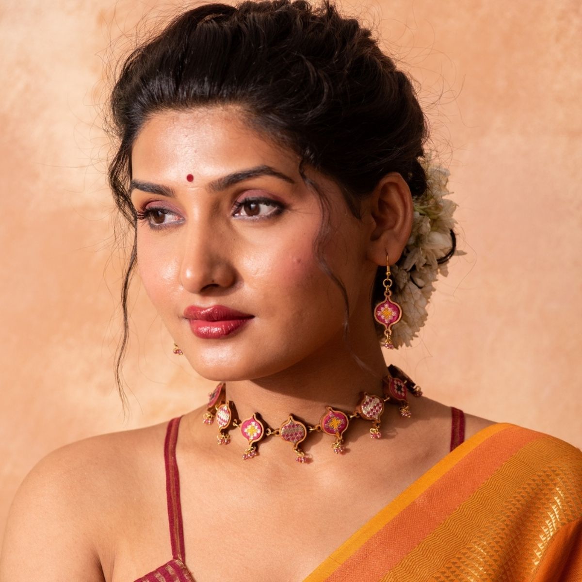 Combo of Pink Festive Repurposed Fabric & Wood Choker Earrings – Womens Earrings on Brown Living™. SKU: JCC029. Img 2.